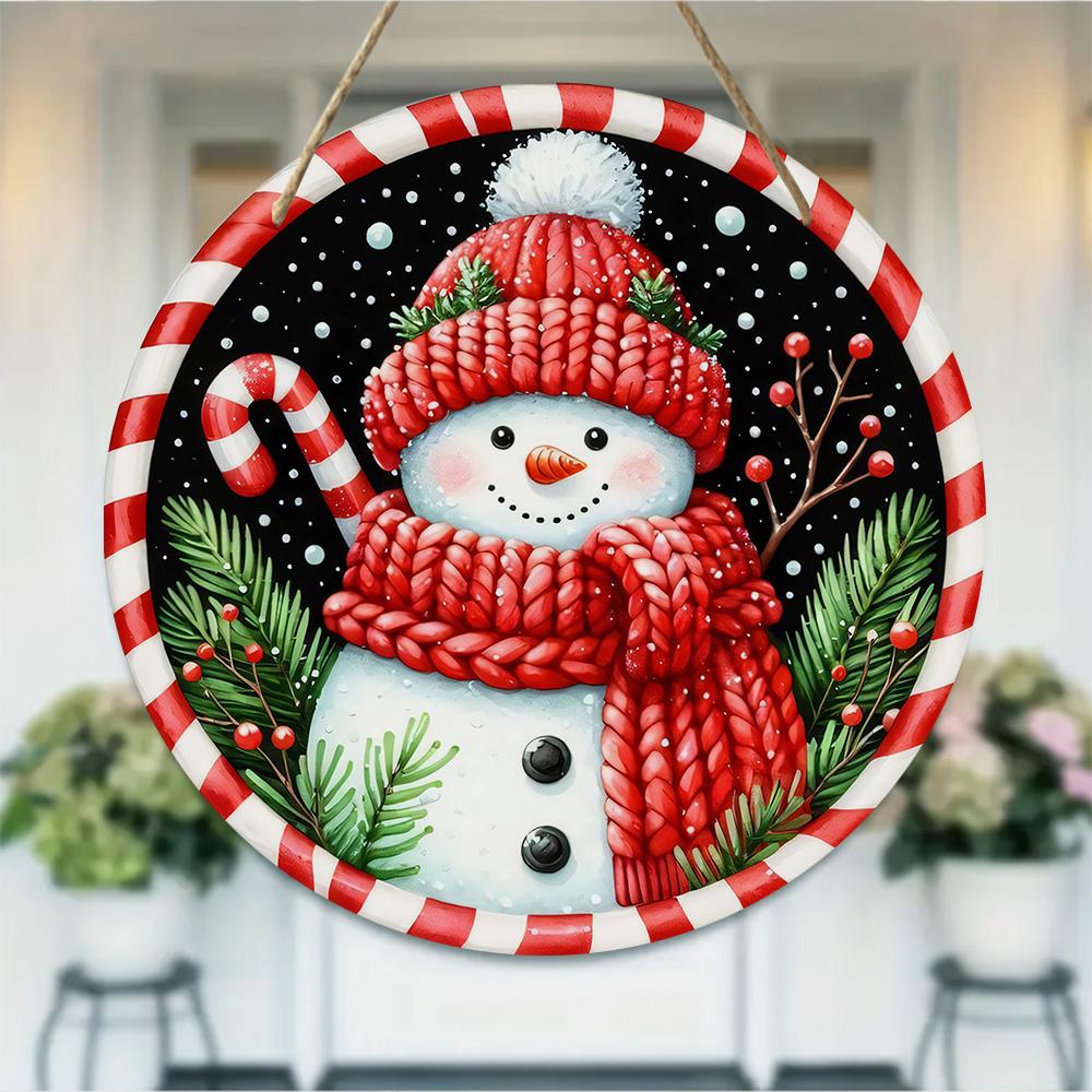 Snowman Pattern Winter Holiday Wall Art Round Wooden Hanging Plaque Seasonal Farmhouse Decor Porch Door Sign Christmas Home Party Ornament