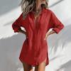 Women Loose Fit V Neck Long Sleeve Casual Shirt Dress Button Down Relaxed Tunic Blouse with Pocket for Everyday Wear
