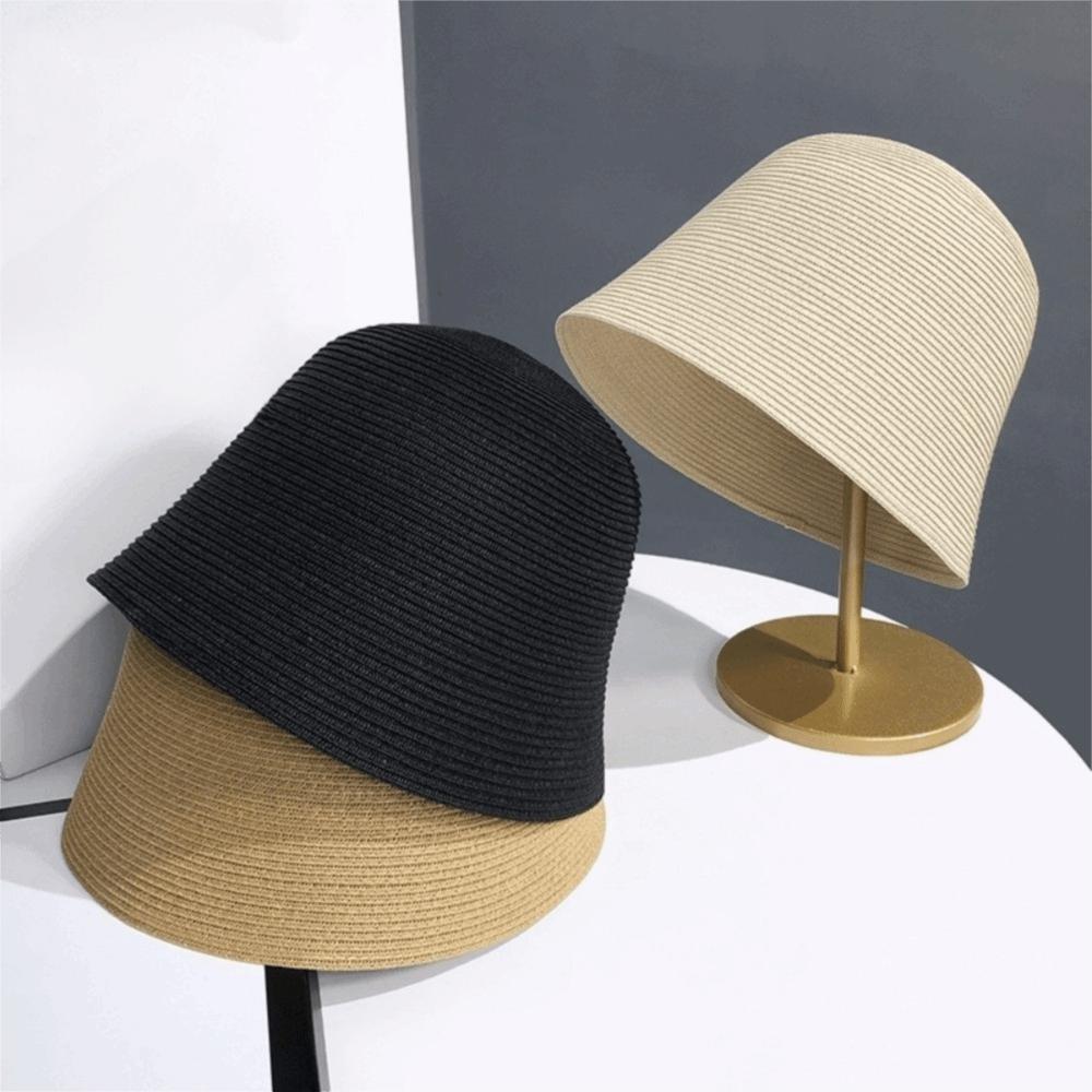 Fashionable Foldable Straw Hat Breathable Solid Color Sun Hat Hand Woven Japanese Style Bucket Hat for Travel