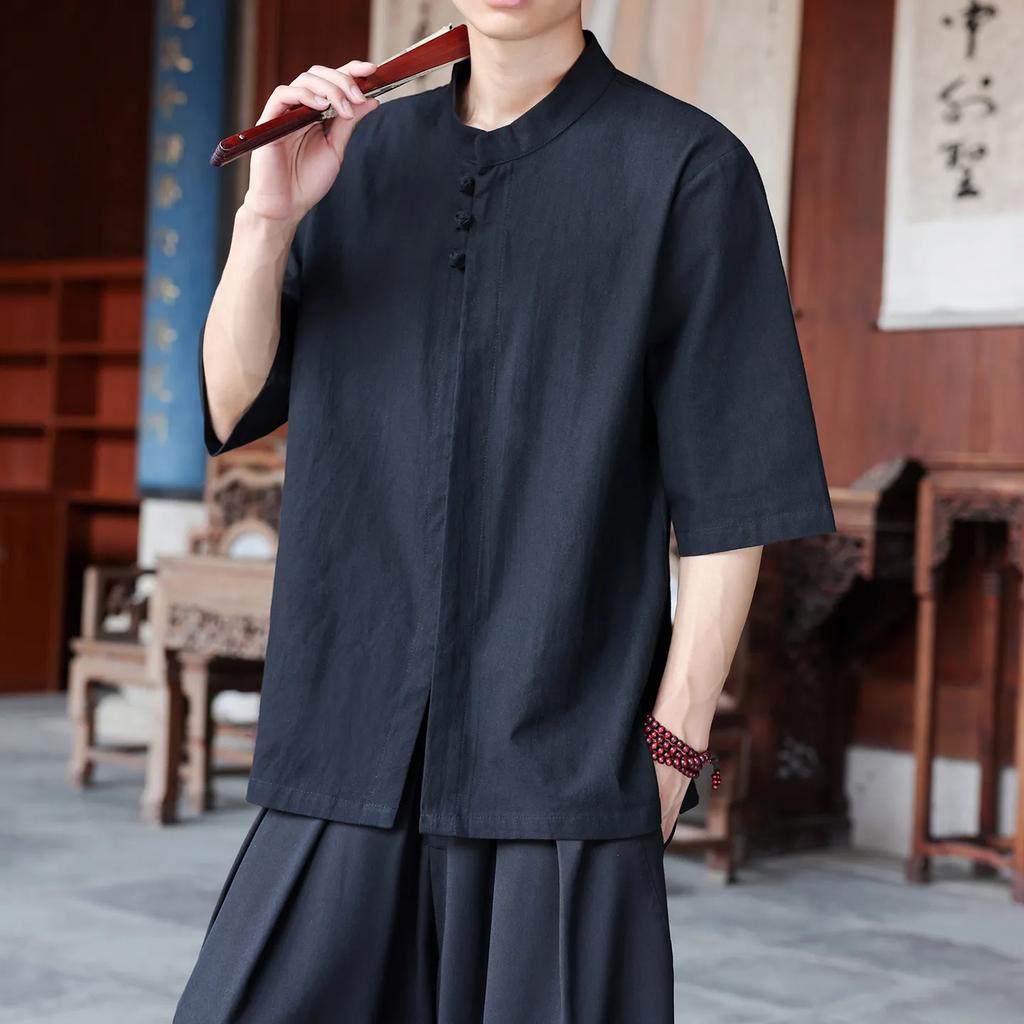 Summer Chinese Style Hanfu Stand Collar Frog Button Short Sleeve Shirt Men Retro Cotton Breathable Loose Oriental Casual Top
