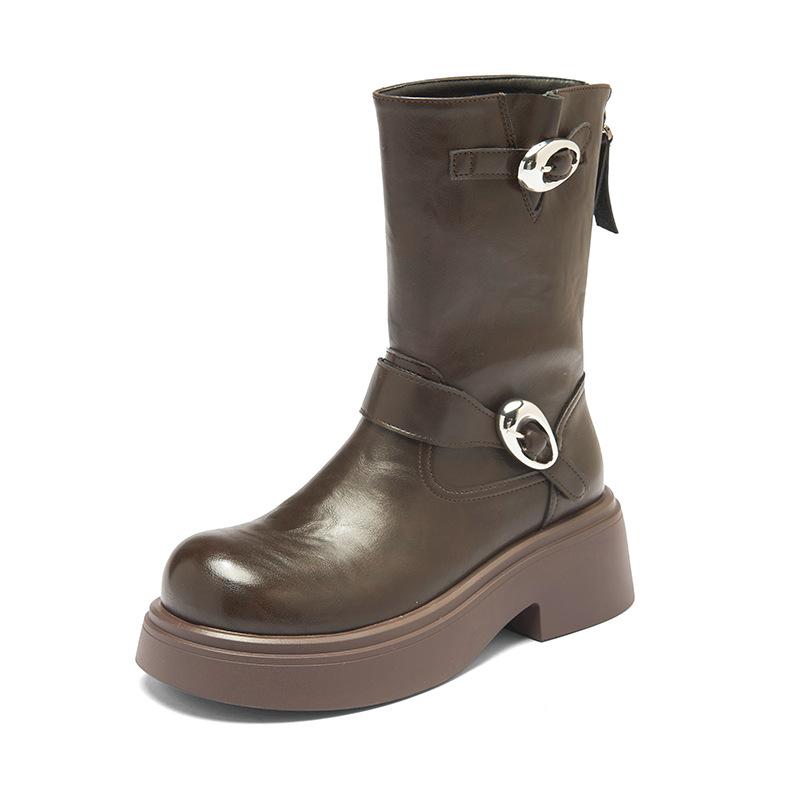 Augustine Platform Martin Boots Women's 2025 New Autumn Retro British Style Brown Casual Medium Tube Short Boots Tide