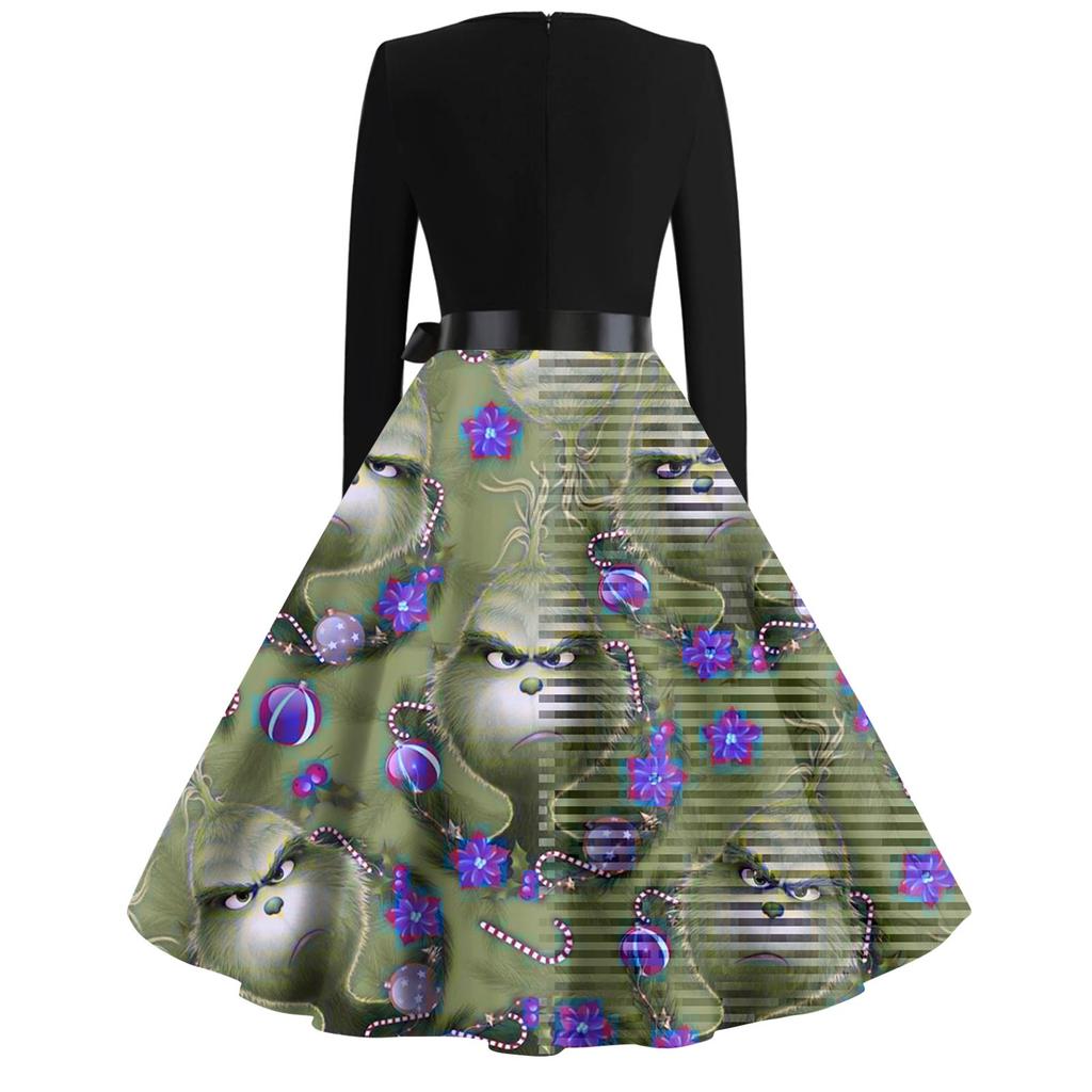 Dámské módní šaty s V výstřihem, ležérního střihu, slim-fit, s vánočním potiskem a dlouhým rukávem