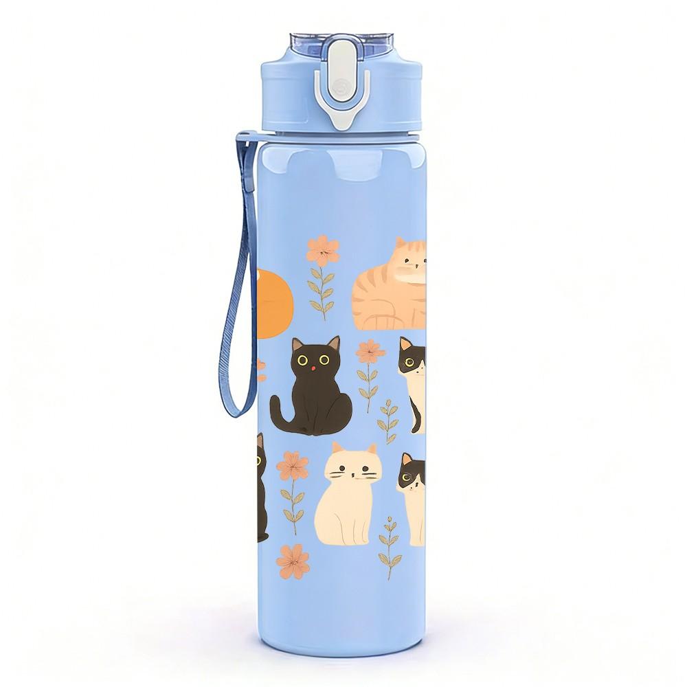 1PC Multi Cat Silhouette Pattern 750ml Color Plastic Sports Water Bottle Leakproof Flip Straw Lid Suitable for Sports Office Home Use