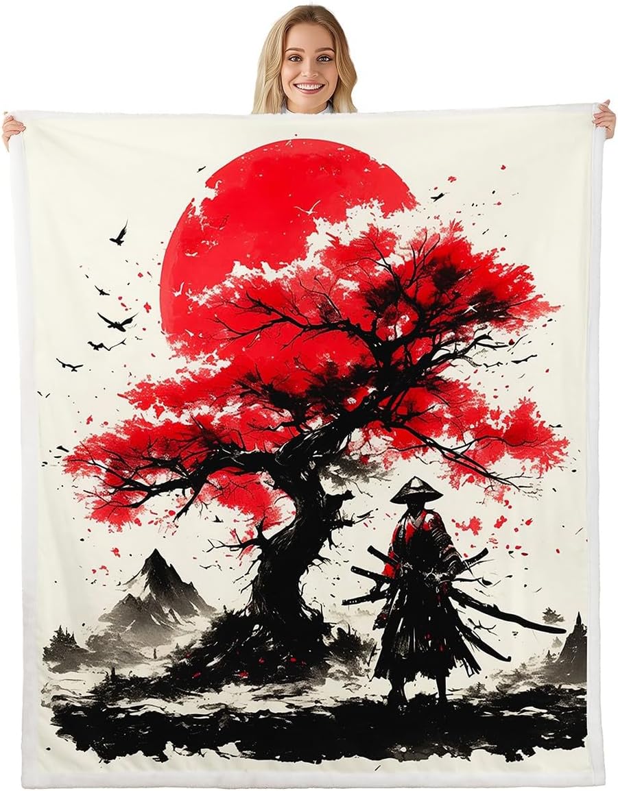 Japanese Style Fleece Bed Blanket Twin Japanese Samurai Throw Blanket for Kids Boys Men Ink Painting Dragon Sherpa Blanket 75x100cm
