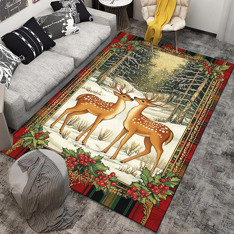 Winter Deer Christmas Rug for Festive Season Snowy Landscape Carpets Holiday Home Decor Anti slip carpet can be machine washed