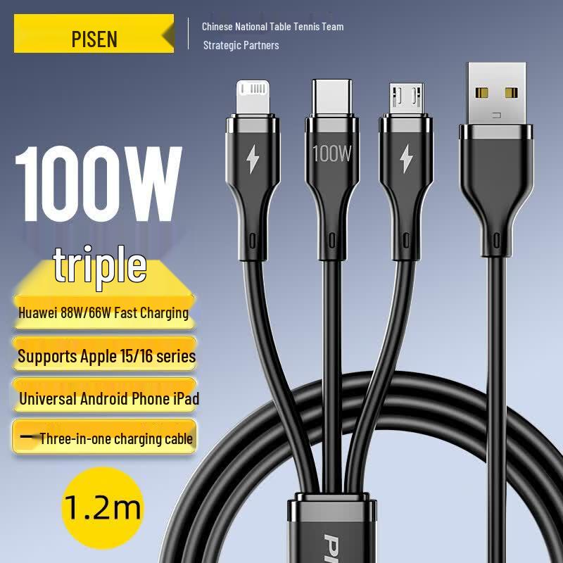 Pisen 3-in-1 100W Fast Charging Cable for Apple & Android