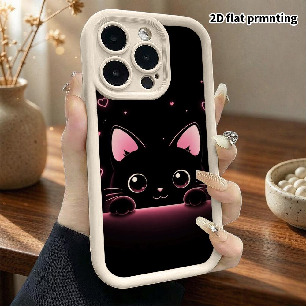 Phone Case: 2D Flat Design Suitable for iPhone 18, 17, 16, 15, 14, 13 Pro Stepped Protective Case, Probe Pink Light Little Black Cat, Christmas and Ha