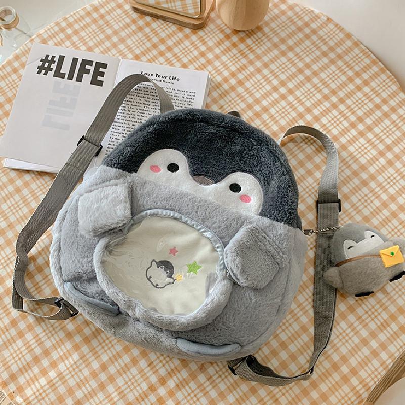 New Cartoon Embroidered Penguin Backpack Soft Velvet Material Cute Jk Girl Shoulder Bag