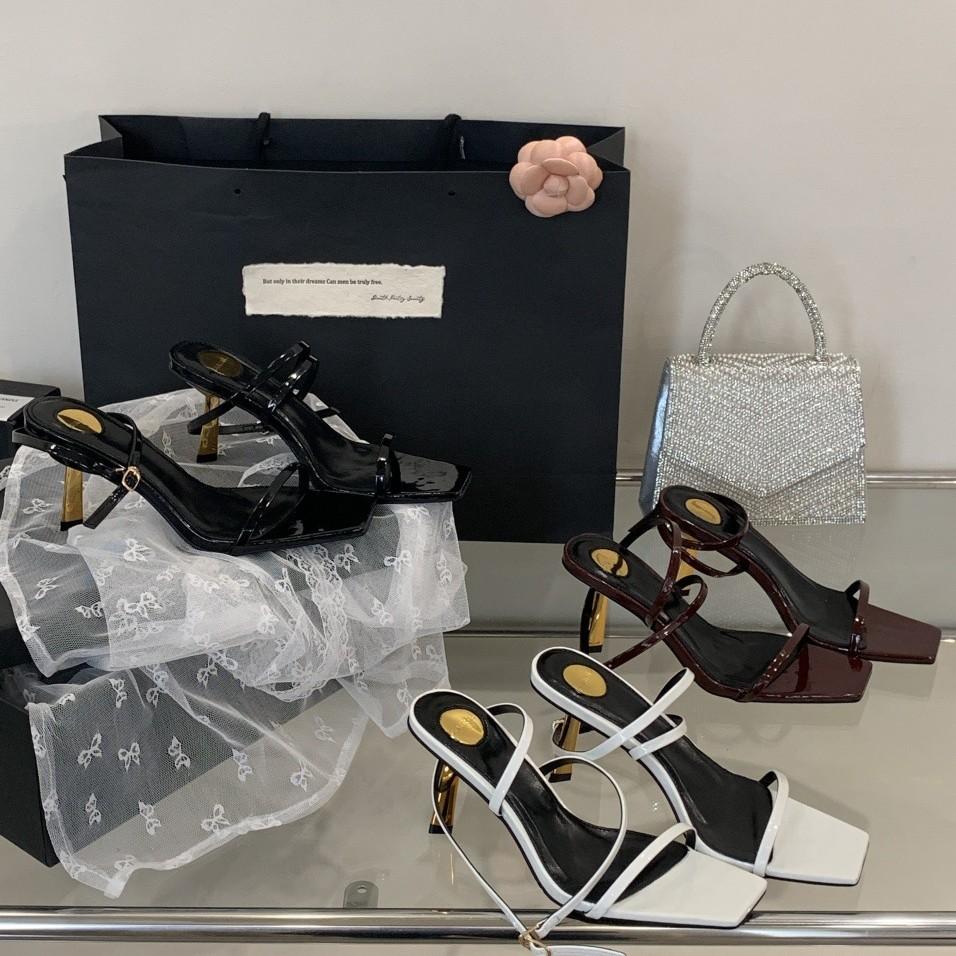 European and American Small Gold Bars Poplar Woods Square Head High Heel One-word Sandals Sexy Thin Heel Open-toed Women's Shoes Simple Cross Straps