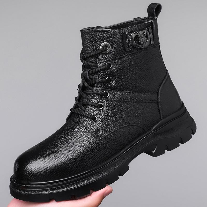 

Модные зимние теплые шерстяные ботинки на платформе из коровьей кожи для мужчин, модные повседневные дизайнерские высокие рабочие туфли из металла, мужские черные ботильоны 38 чёрный