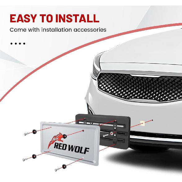 RED WOLF Front License Plate Bracket Holder Frame Tag Universal For Car Truck Van SUV With 6 Screws And Wrench Kit Black Easy Mount