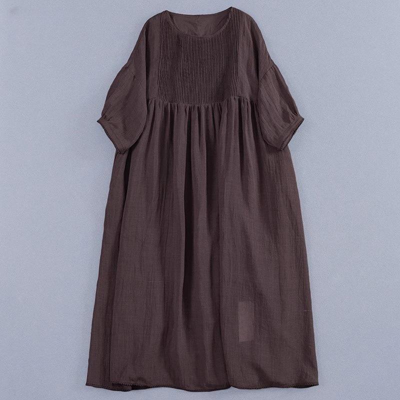 

2026 Summer Linen Crinkled Pleat Dress with Puff Sleeves Double Extra Large кавовий