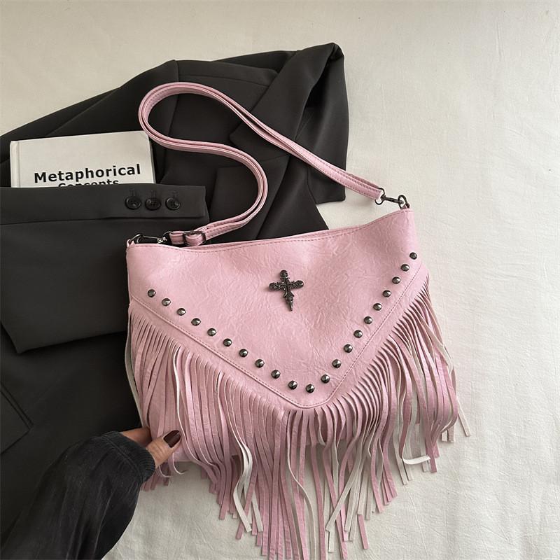 Bohemian Fringe Single Shoulder Bag With Rivets Pu Material For Casual Day Use