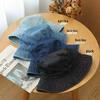 Japanese Retro Women's Denim Fisherman Bucket Hat, Distressed Sunshade for Larger Head, Face Slimming Sun Protection.