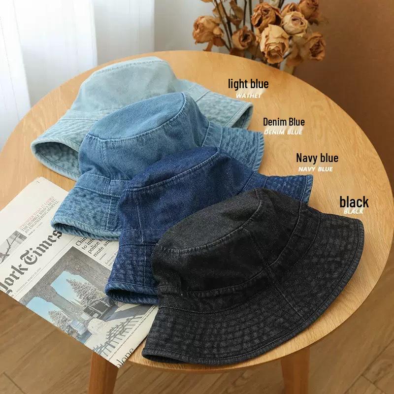 Japanese Retro Women's Denim Fisherman Bucket Hat, Distressed Sunshade for Larger Head, Face Slimming Sun Protection.