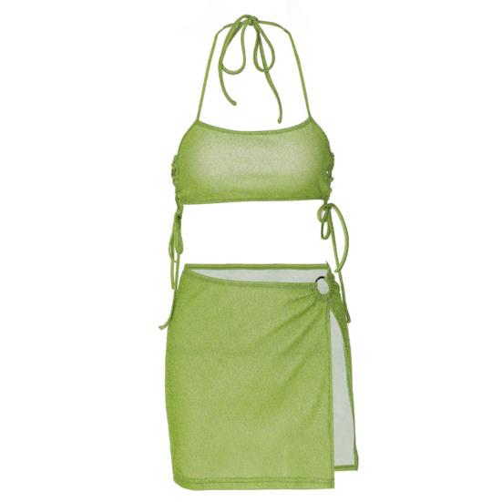 

Комплект из 2 шт./компл., клубный укороченный топ, юбка, однотонный комплект со шнуровкой, плиссированная мягкая ткань, дышащий материал, разноцветный M зелёный