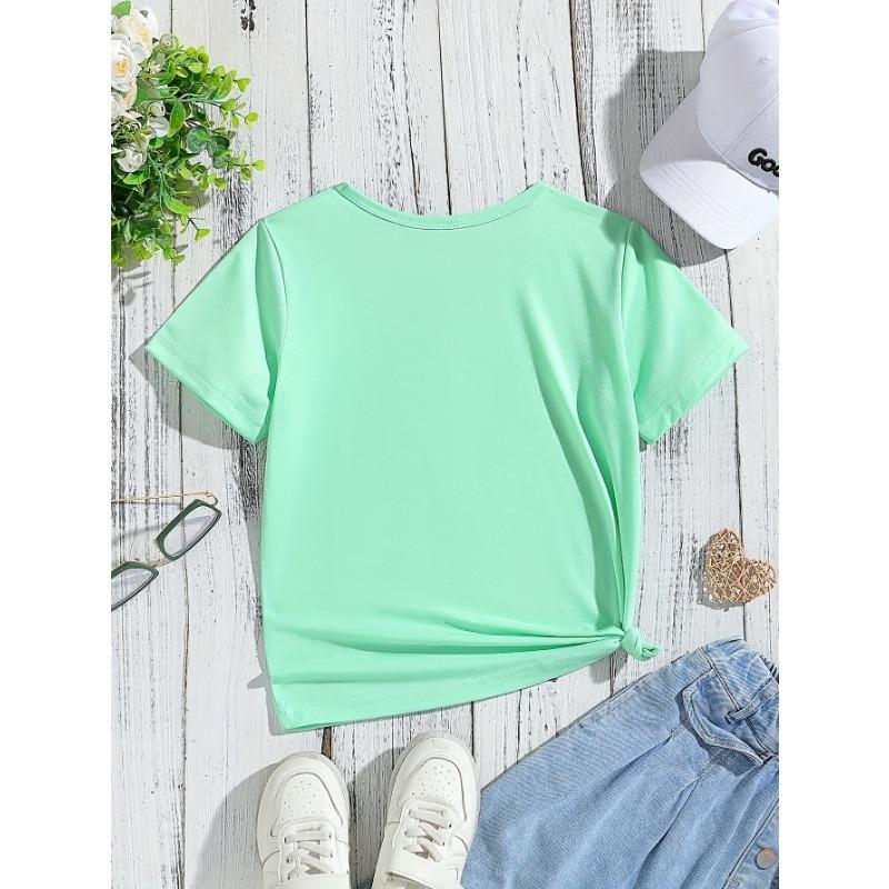 Cute And Easy Cartoon Letter Print Short-Sleeve T-Shirt for Girls, Perfect for Summer Wear, Knit