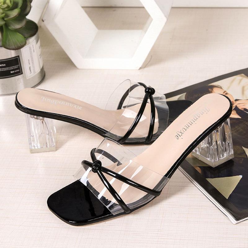 

Transparent crystal slippers women s outer wear 2025 new fashion Internet celebrity high heel rhinestone cool slippers summer thick heel fairy 40 чорний