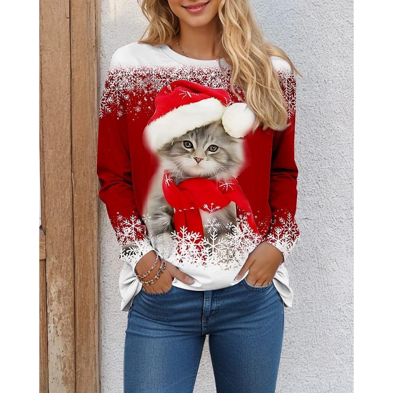 

Забавные женские футболки с рисунком рождественских кошек, осенние футболки с длинным рукавом, рождественские снежинки, 3D-принт, уличная женская одежда, повседневные топы S