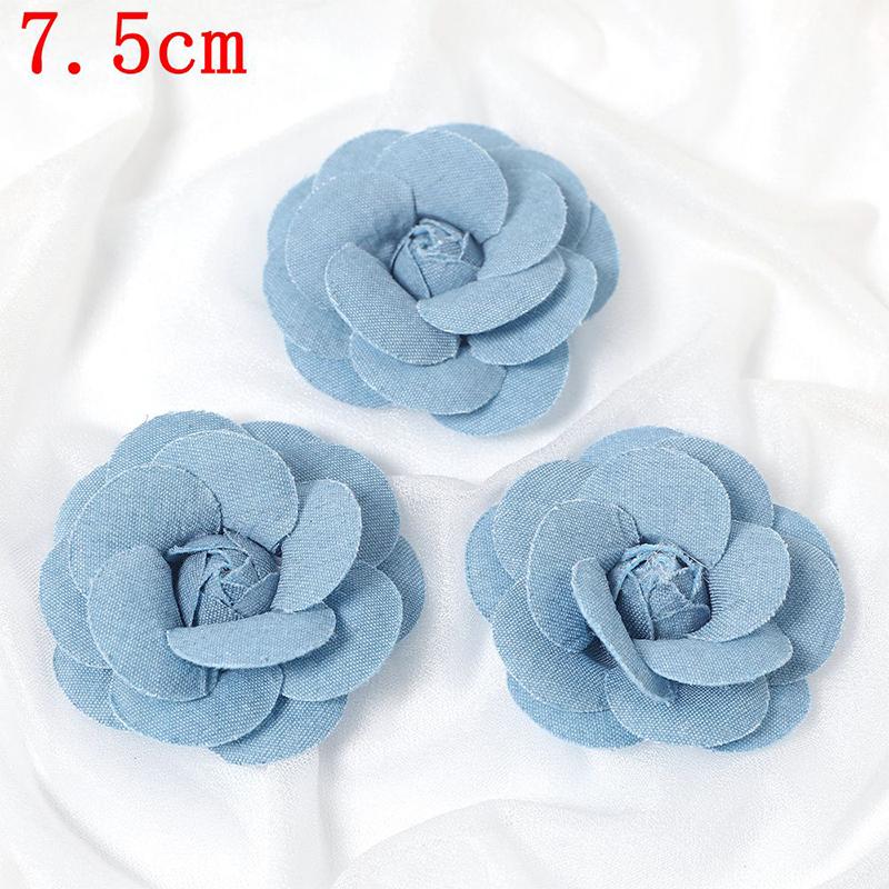 3/5Pcs 3.5/4.5/5/7/7.5CM Denim Artificial Blue Fabric Camellia Flower for Wedding Decor Women Handmade Cloth Corsage Accessory