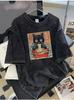 Summer Washed Men's 100% Cotton T Shirt Samurai Cat Eating Ramen Pattern Print Street Fashion Style Suitable Casual Outings