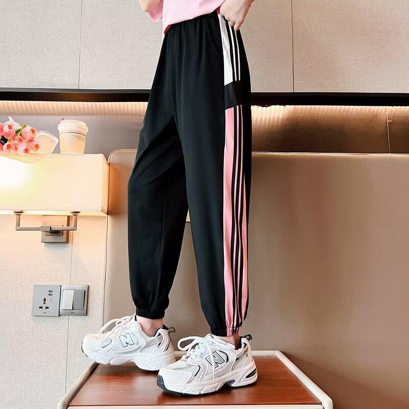 

Girls ice silk quick-drying pants summer thin outer wear loose casual tied feet foreign style children s sweatpants mosquito-proof pants 120cm чёрный