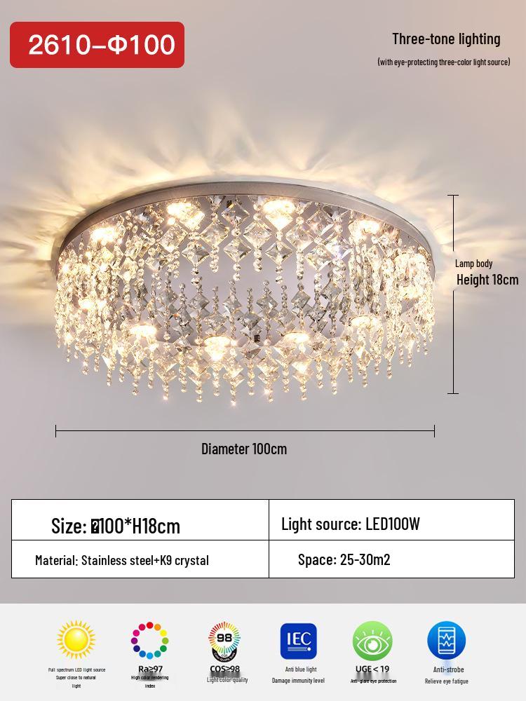 Luxurious French Crystal Ceiling Lamp - High-End Stainless Steel Round Fixture for Living Room or Master Bedroom.