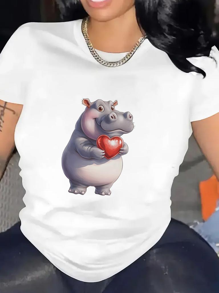 Cute Hippo Holding Red Heart T Shirt Women Short Sleeve Casual Top Lovely Animal Print Comfort Soft Fabric for Everyday Wear