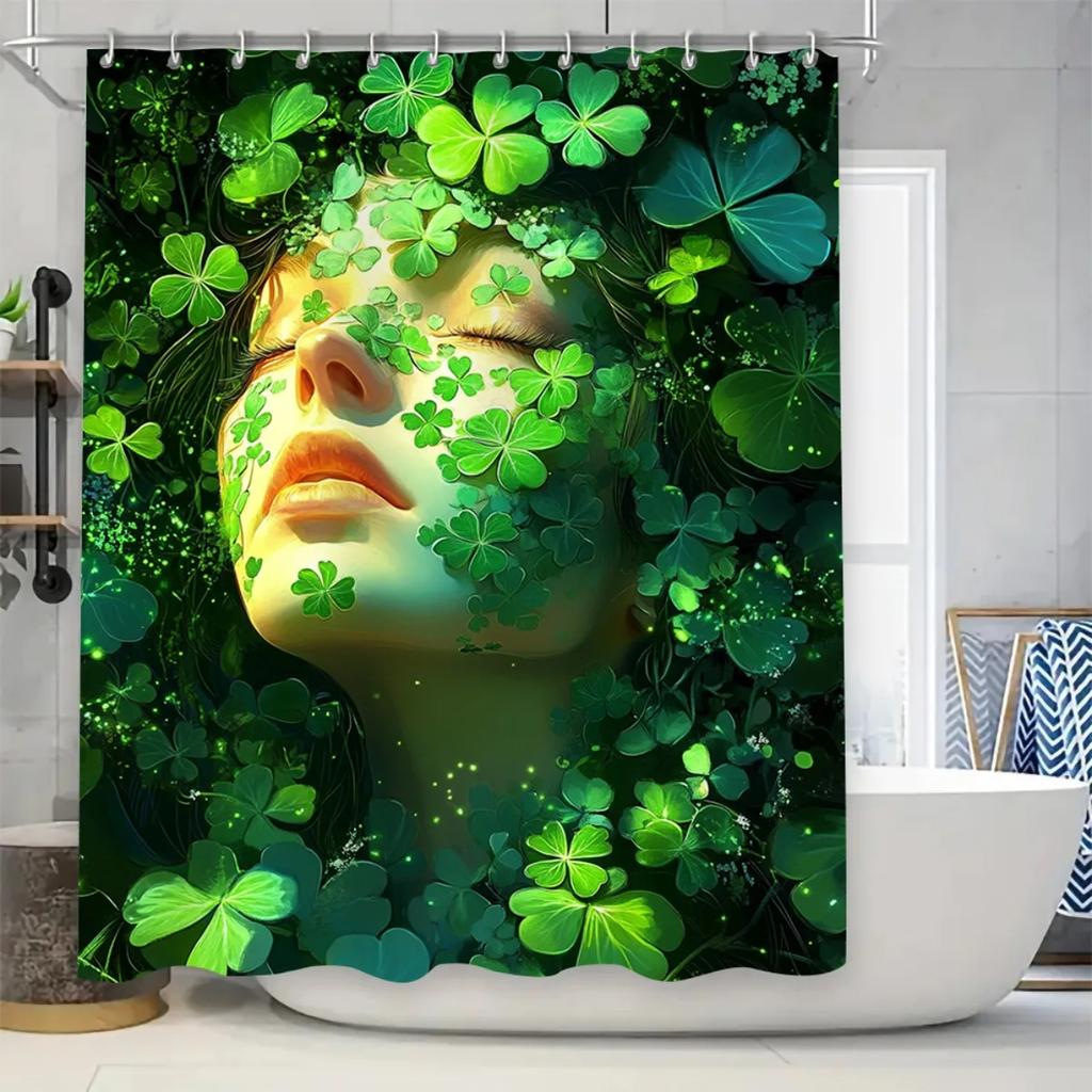 4pcs Bestselling Green Clover Print High Quality Shower Curtain and Non-Slip Bath Mat Set - Perfect for Bathroom Decor Exqu