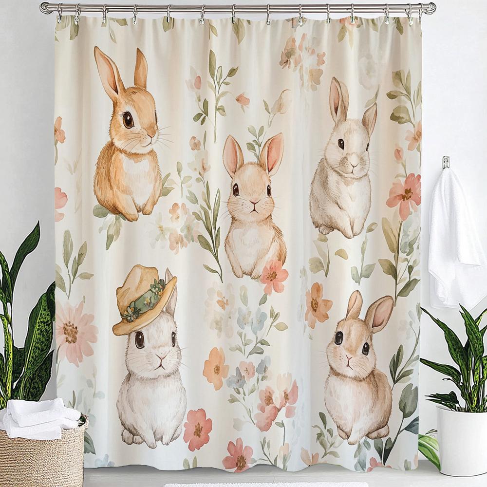 1pc Cute Rabbit Cheerful Shower Curtain, Flower Plant Print Waterproof Shower Partition Privacy Hanging Curtain with Hooks