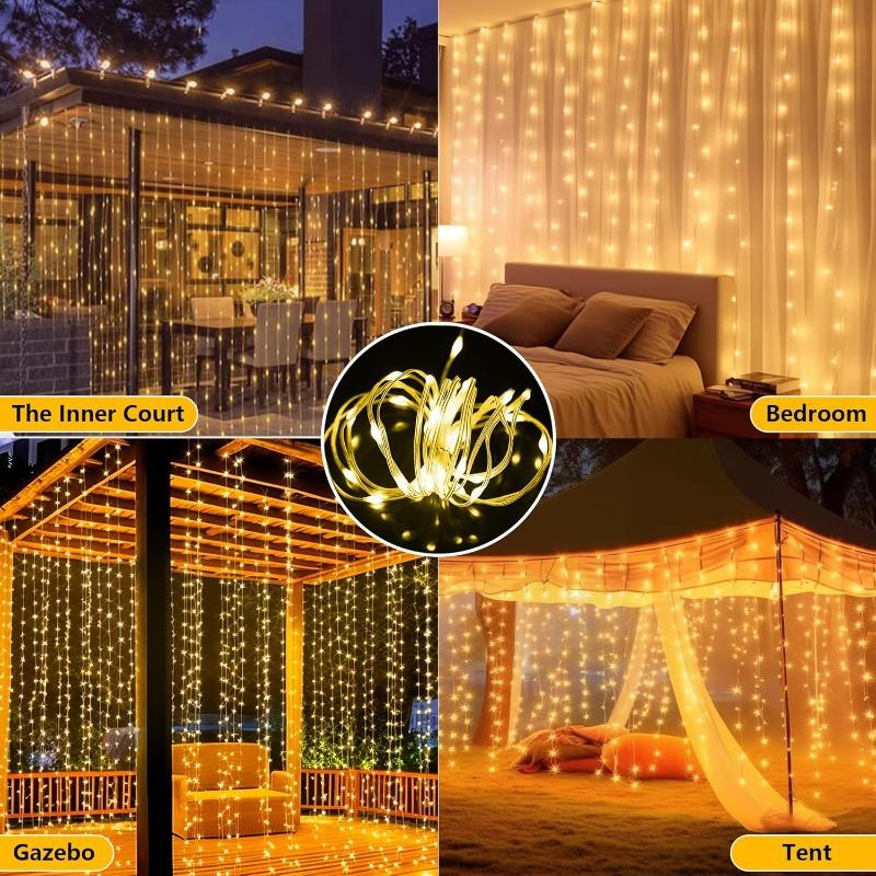 Outdoor Solar Curtain Light 3x3M 300Leds Holiday Decorations Garland 8 Modes Halloween Christmas Party Decor String Lights