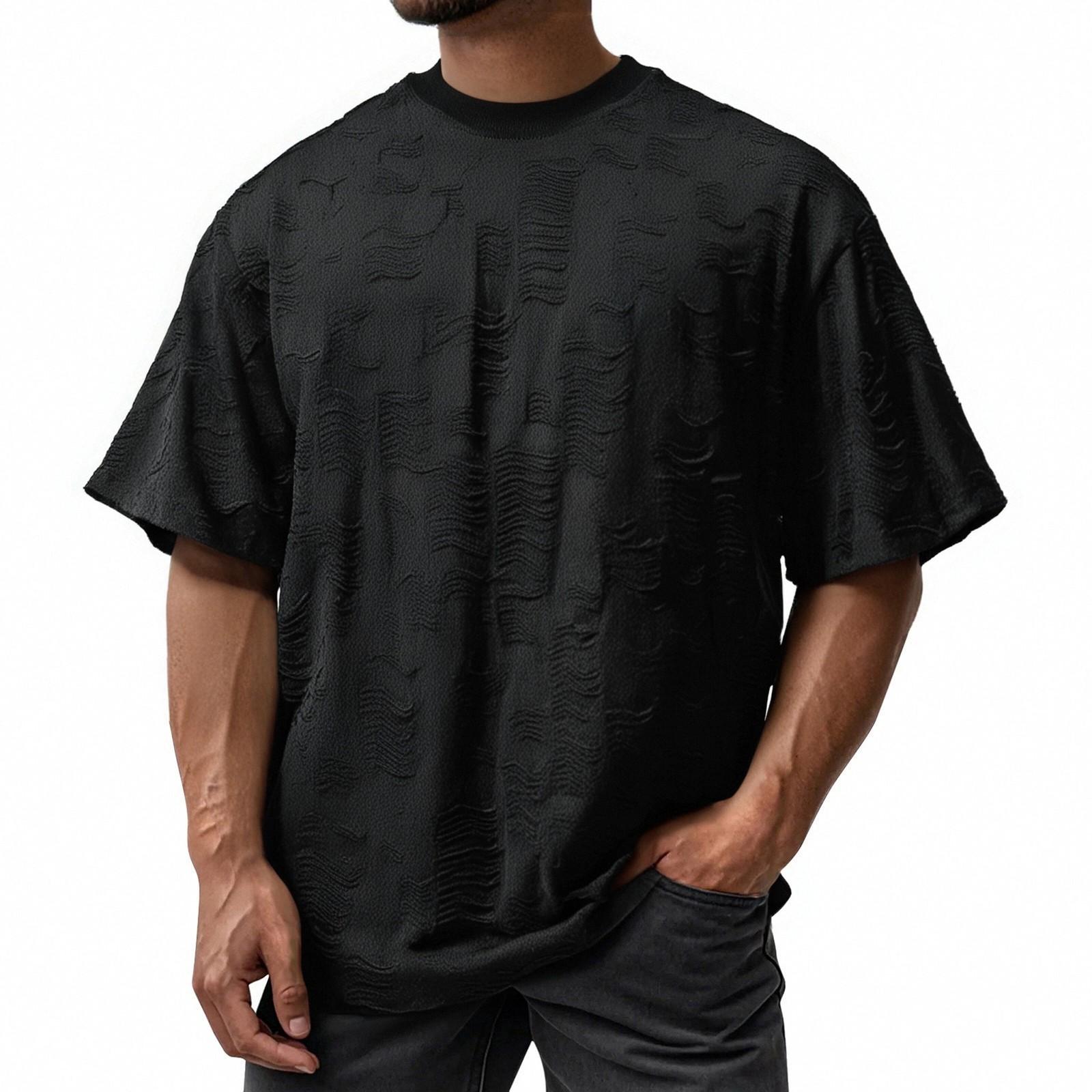 Мужская летняя мода Хлопковый топ с рваным дизайном Круглый вырез Повседневная свободная футболка с коротким рукавом L чёрный