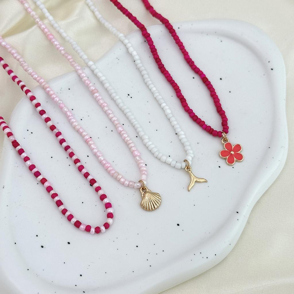 Holiday Style Starfish Fish Tail Scallop Shell Small Flower Necklace, Colored Rice Beads Imitation Pearl Collarbone Chain