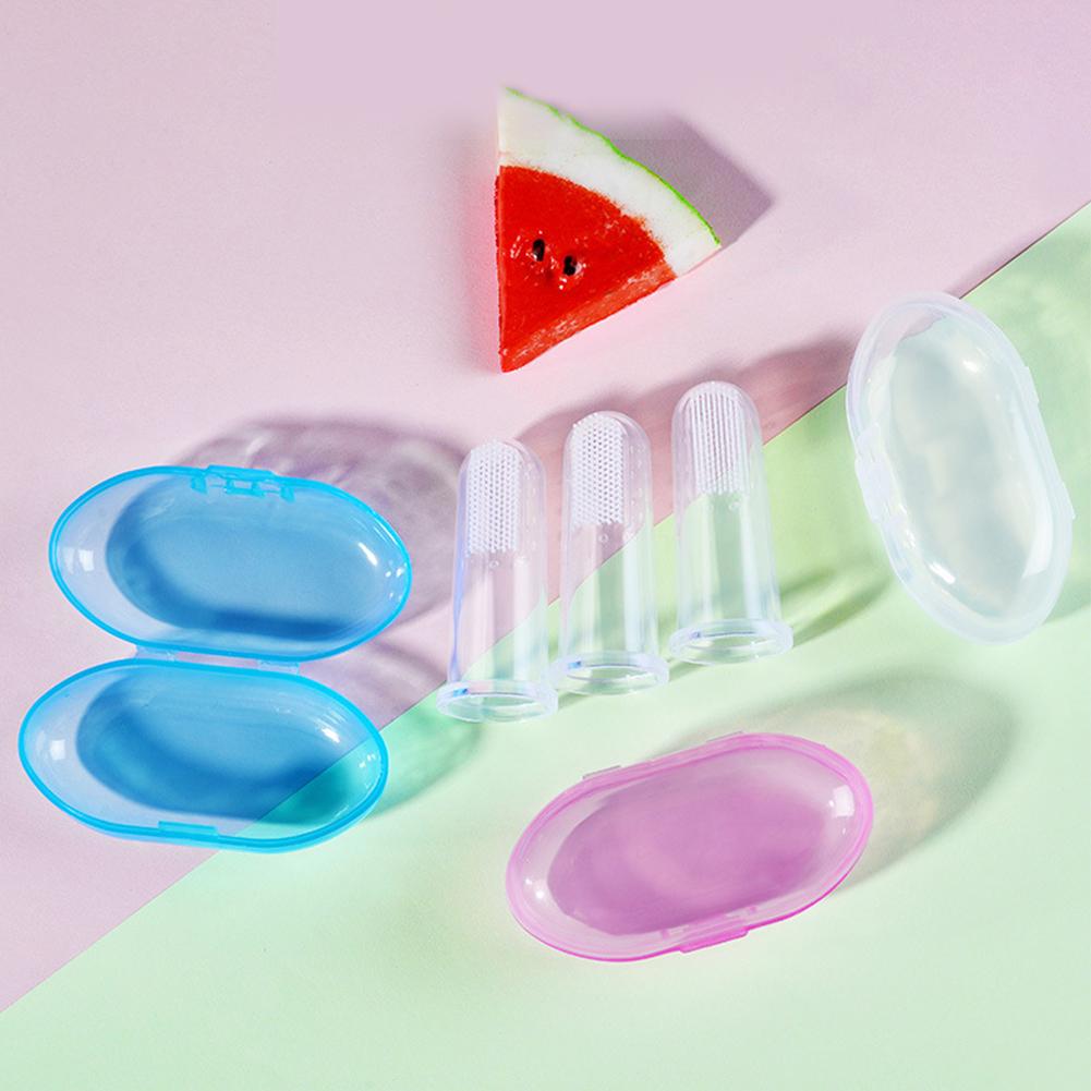 2 bucăți/set periuță de dinți cu mânecă pentru degetul mare pentru bebeluși + set cutie perie pentru masaj pentru degete din silicon moale aleatoriu