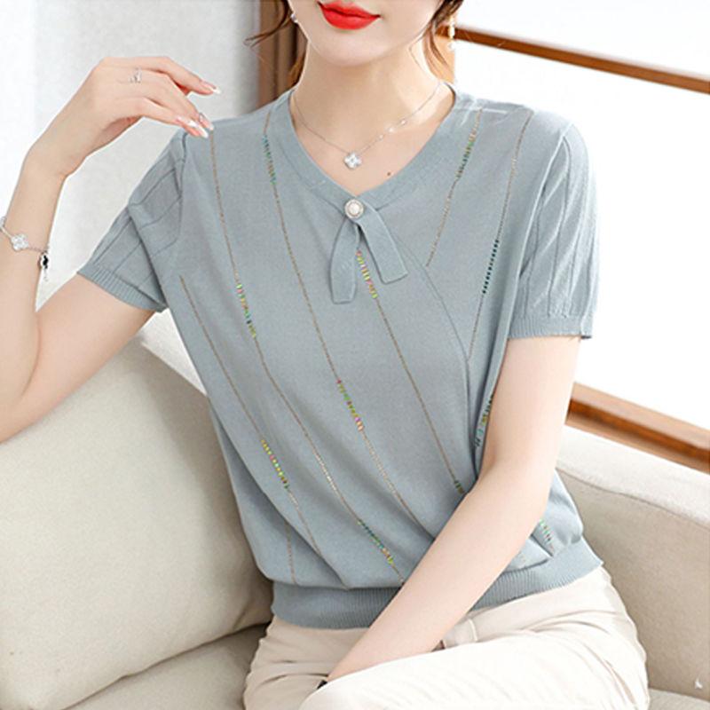 Ice Silk Short Sleeved Women's Knitted T-shirt Mom Summer T-shirt Loose and Thin Small Top