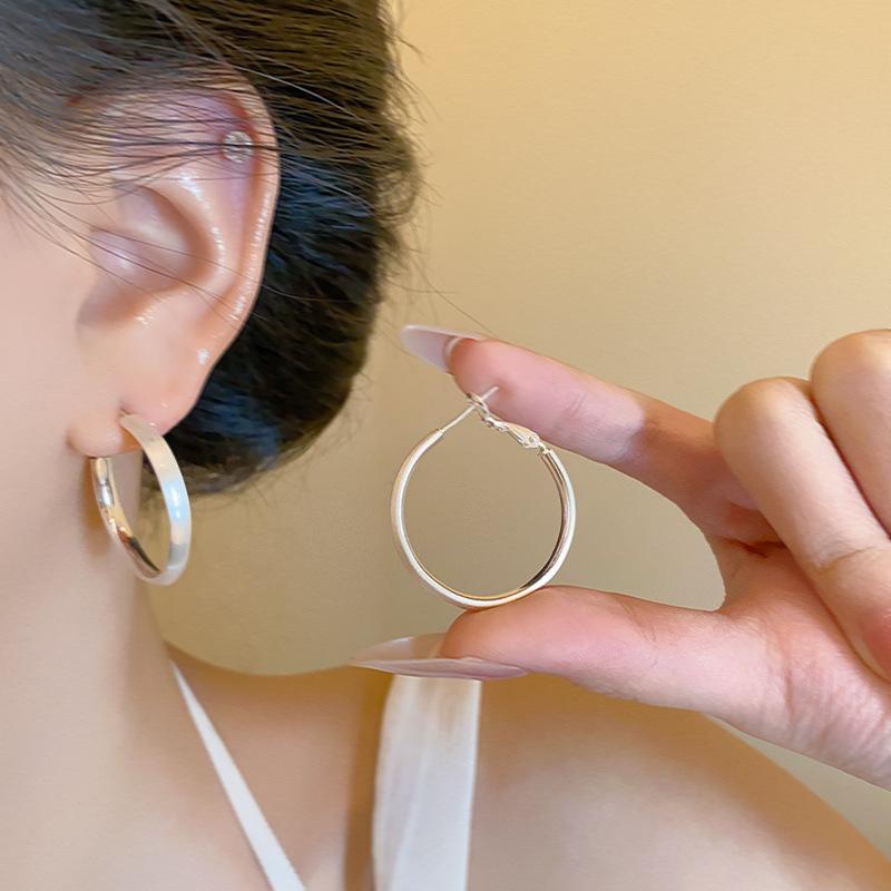 INS-style Minimalist Silver Needle, Versatile Plain Ear Hoop, Light Luxury Metal Round Hoop Earrings, High-end Ear Jewelry