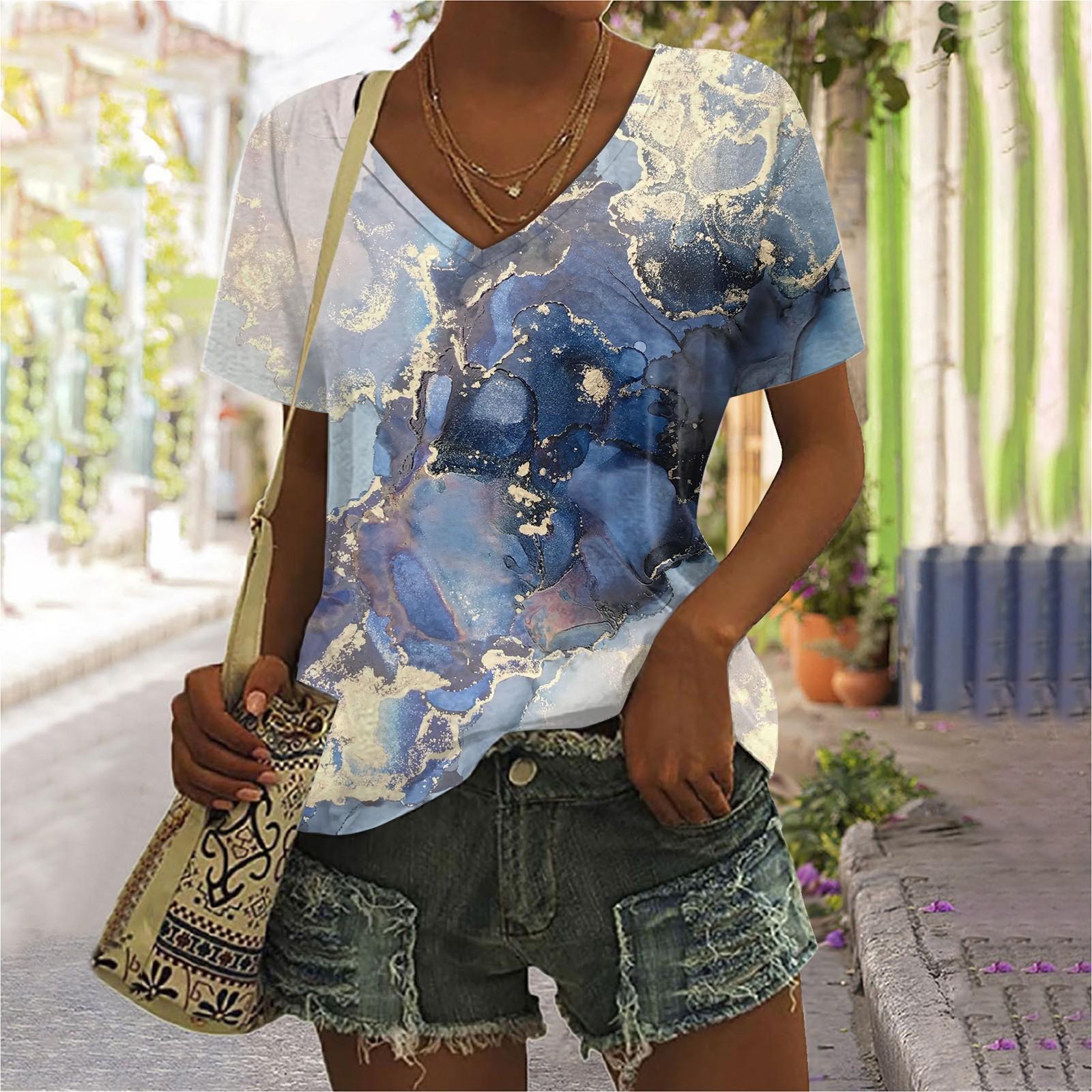 V-neck Women s Texture Printed Short Sleeves XXL синий