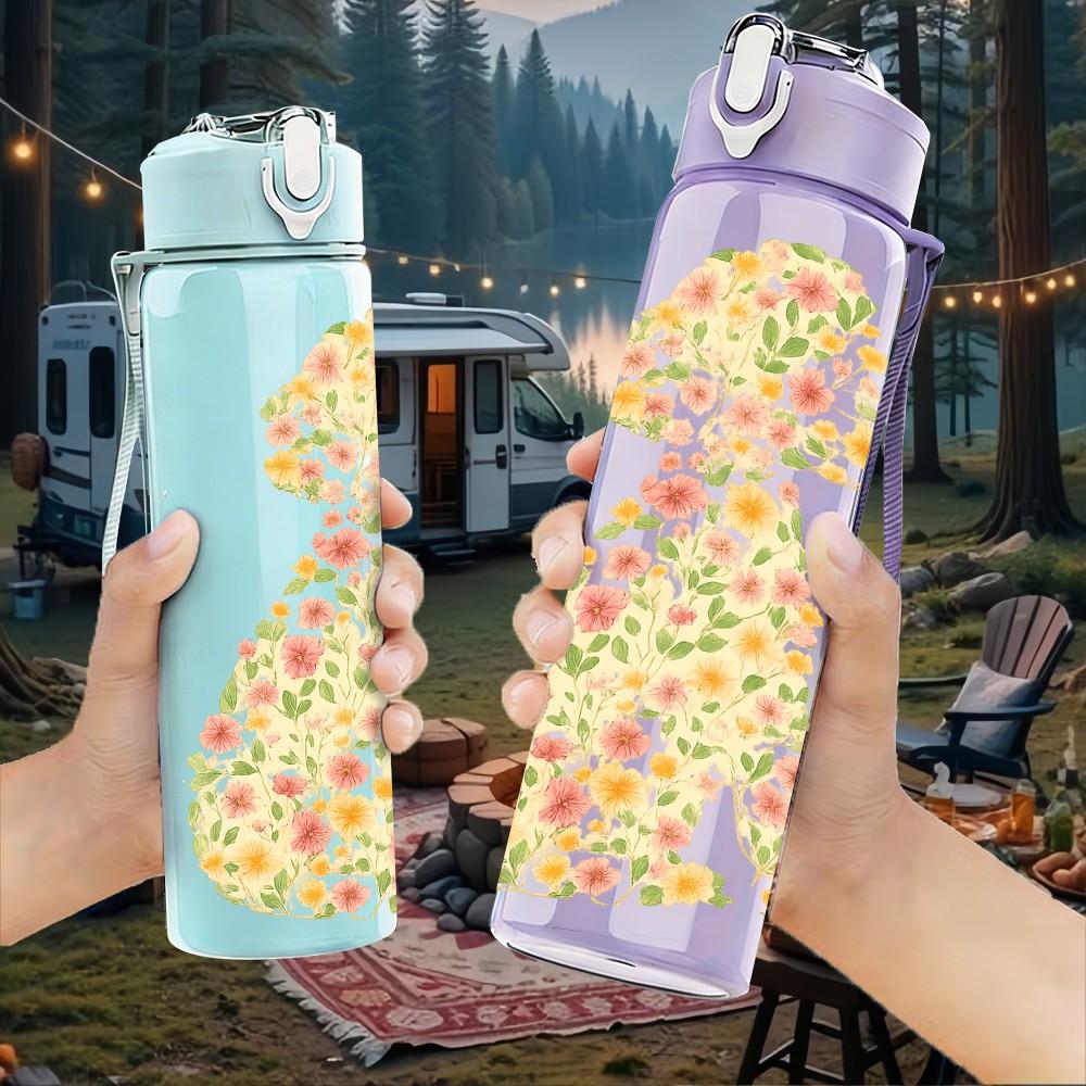 1PC Floral Pattern Dog Silhouette 750ml Color Plastic Sports Water Bottle Leakproof Flip Straw Lid Suitable for Sports Office Home Use