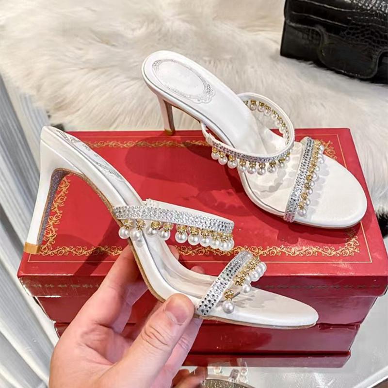 

Fashion Luxury Crystal Pearls Pendant Tassel Women Slippers Sandals Sexy Narrow band Thin High heels Mules Slides Fashion Summer Shoes 40