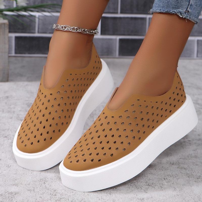 Thick Soled Hollow Breathable Low Top Single Shoe for Women, V-mouth Sponge Cake Set Foot Board Shoes