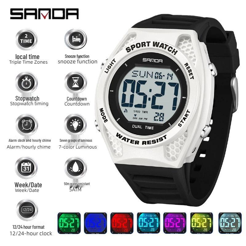 Sanda Trendy Waterproof Sports Watch with Alarm, Stopwatch & Luminous Features for Men & Women.