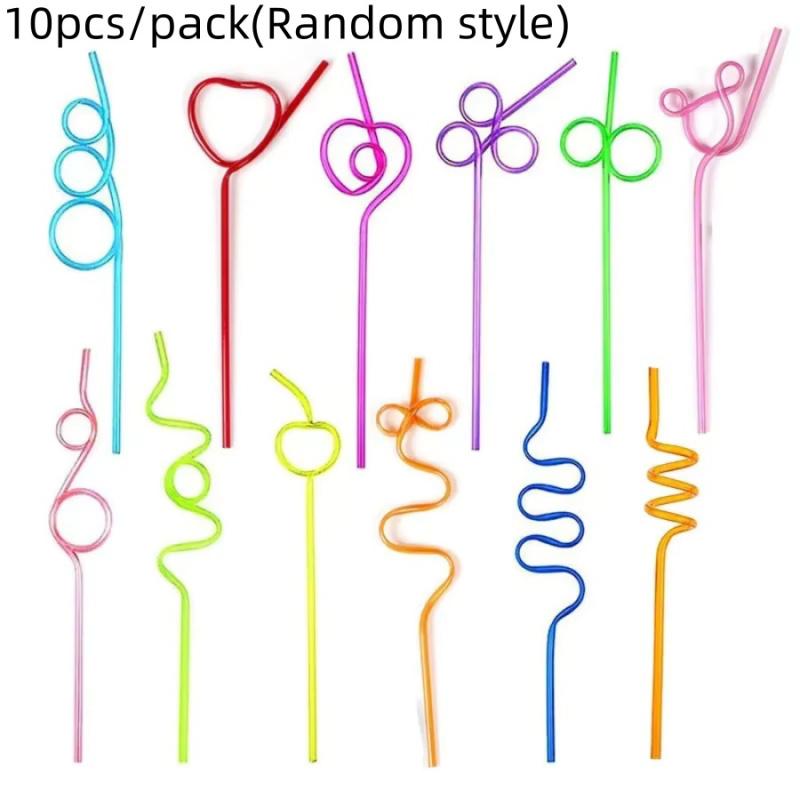 10pcsDisposable Shaped Straws for Festivals and Parties, Colorful Food-Grade Curved Straws, Transparent Irregular Artistic Plast