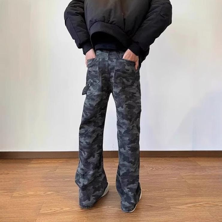 Amerikanische Streetwear-Werkzeug-Wide-Leg-Camouflage-Jeans Herren und Damen fließend Frühling Retro High-Waist locker und dünn gerade geschnittene Hose