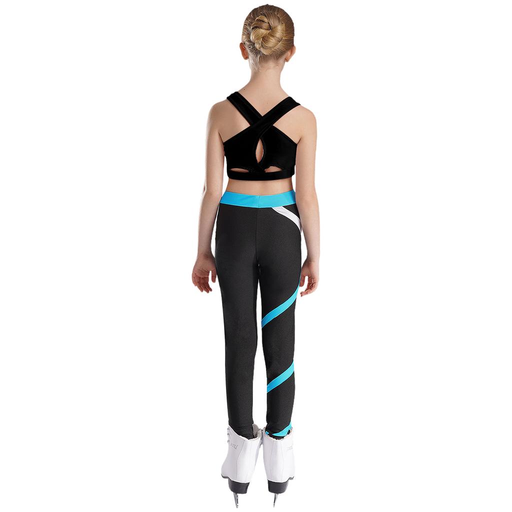 Dívčí Crop Top s U výstřihem, kříženými ramínky a klíčovou dírkou na zádech, bez rukávů, Color Block Legíny, Jógový Sportovní Set