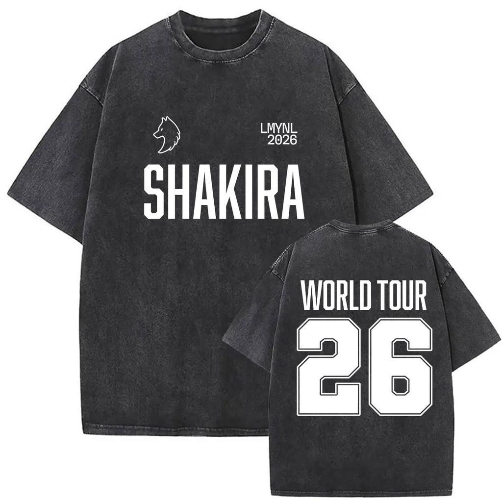 Retro Gewaschen Shakira LMYNL Welttournee 2026 T-Shirts Las Mujeres Ya No Lloran Doppelseitiger Druck T-Shirt Herren Damen Oversized T-Shirts