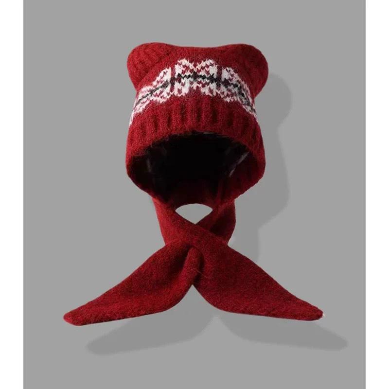 Damen Niedliches Wollmischung Bärenmütze & Schal Set - Winter Warm, Figurbetont & Gestrickt mit Ohrenklappen.