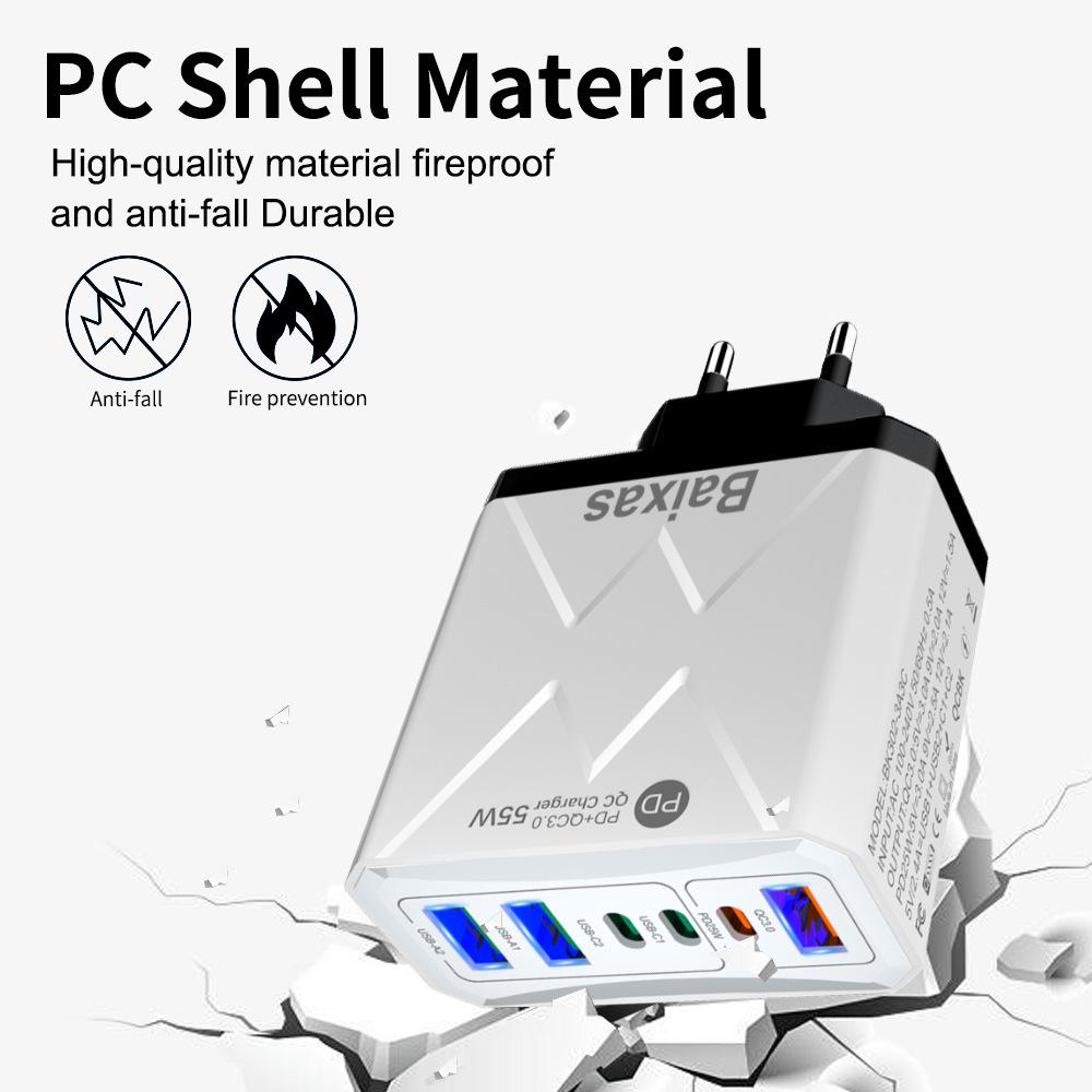 PD 25W 6-Port Fast Charger: 3 USB, 3 PD, 55W QC3.0 EU Standard for Mobile Phones