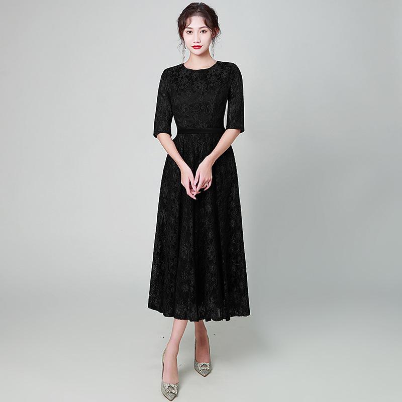 

New evening dress annual long elegant temperament medium sleeve lace dress XS чёрный