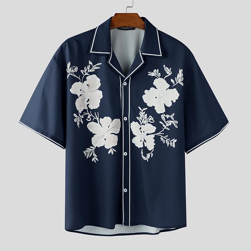 INCERUN Men Lapel Short Sleeve Floral Print Casual Oversized Shirts