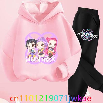 Teen KPop Demon Hunters Hoodies+Pants Sets Boys Girls Korean Anime Movie Hoody Fashion Long Sleeve Kids Hooded Sports Suits